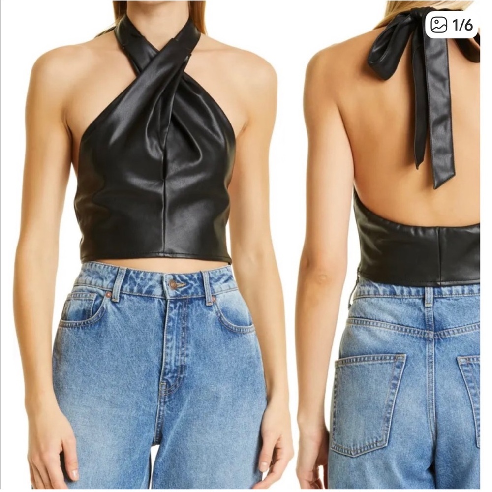 Staud Faux Leather Kai Black Halter Top Nightlife Date Night Sexy Size 16